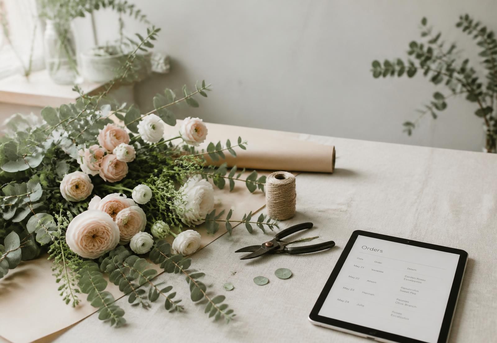 Florist workbench with roses, eucalyptus and a tablet showing the day's order list